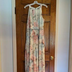 SLNY Maxi Dress Floral Peach & Blue Halter Embellished Floral Print Gown Size 14